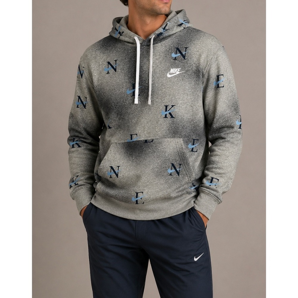 Nike Pullover Hoodie All Over Print Spell Out Logo Sweatshirt Blue Gray Mens M